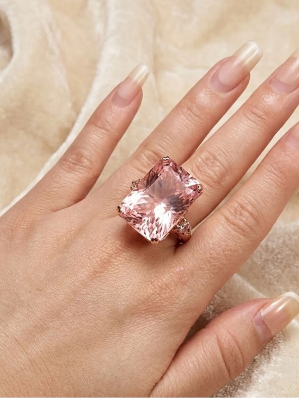 Estate Genuine Peach Pink
Tourmaline Concave 50.10Ct
925 SS/  Rose Gold Ring